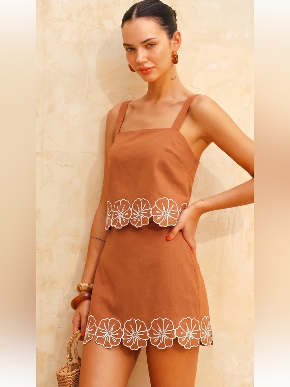Commense Rust Cropped Square-Neck Camisole with Floral Trim